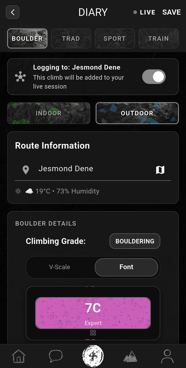 The climbing diary, with the Train tab